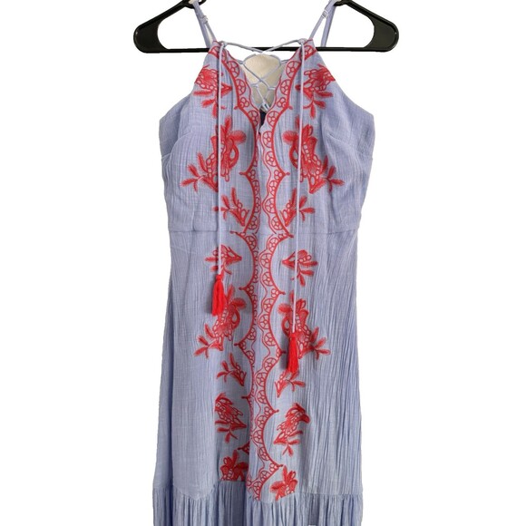 Anthropologie Entro Embroidered Tiered Boho Maxi Dress Women Size M Blue Coral - Picture 4 of 12